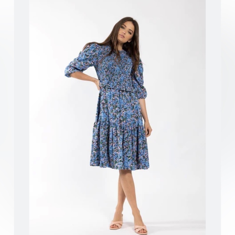Blue Floral Dress with Smocked Bodice and Puff Sleeves size XS